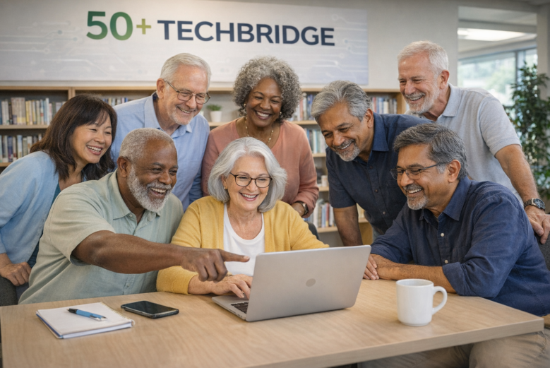 Older adults engaged in a classroom learning activity together, reflecting social connection and lifelong learning.