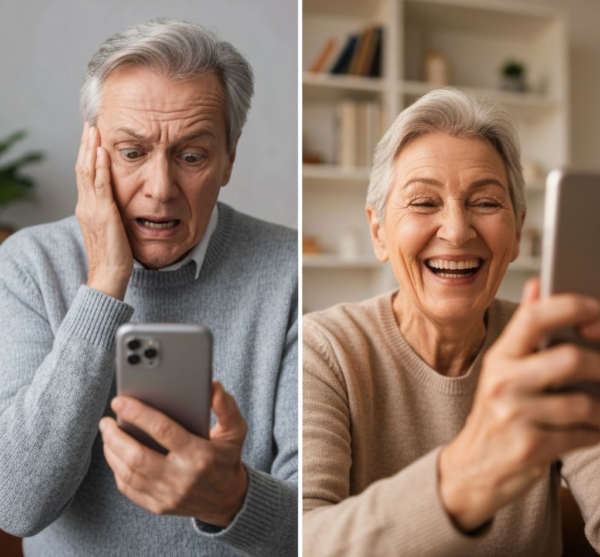 Split-screen comparison: Left side shows a man on a tech bridge (before); right side shows a woman on the same bridge (after).