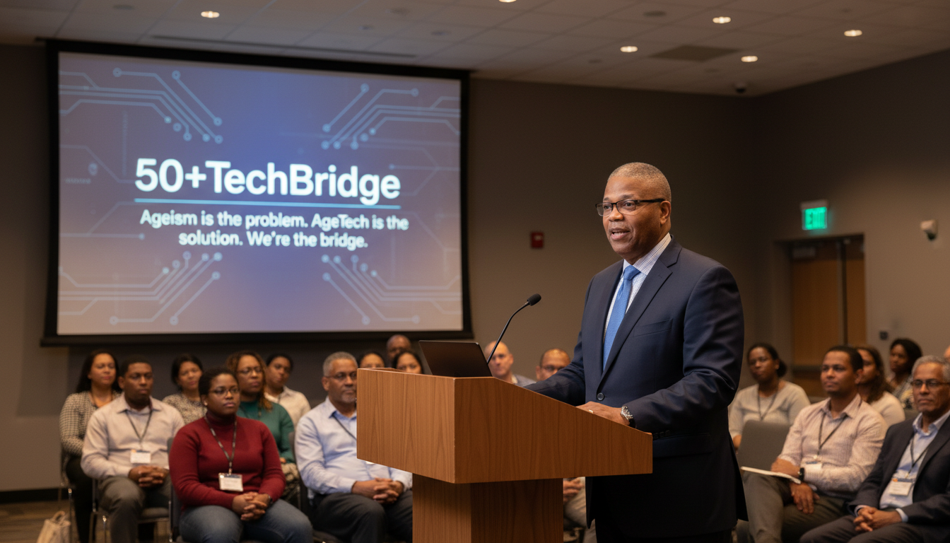 Brian McKinney delivering AI training presentation to workforce audience at 50+TechBridge event